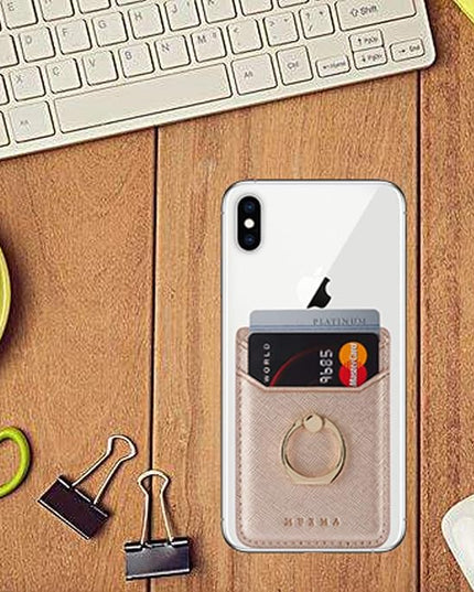 BIAJIYA Phone Card Holder RFID Leather Wallet Credit Adhesive Cell Case Stick-on Card Holder for Women and Men Back of Phone for Most of Smartphones (Rose/Gold)