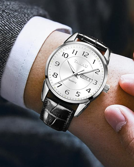 Mens Leather Watch Large Face Classic Quartz Mens Analog Watches Luxury Dress Watches for Men Waterproof Men's Wrist Watch Easy Read with Date Number Dial Relojes para Hombre