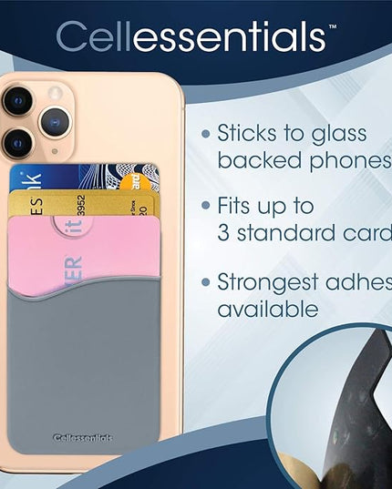 USA Merchant Redesigned Card Holder - Silicone Stick on Cell Phone Wallet with Pocket for Credit Card ID Business Card - iPhone Android & Smartphones (Black, White, Grey)