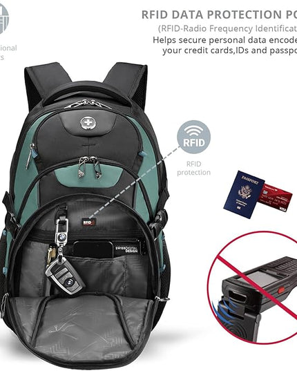 Swissdigital Design Laptop Backpack with USB Charging Port, Travel Backpack Fits 15.6 inches Computer, 31L College School Backpack for Men, Lake Green/Black | SD803-27