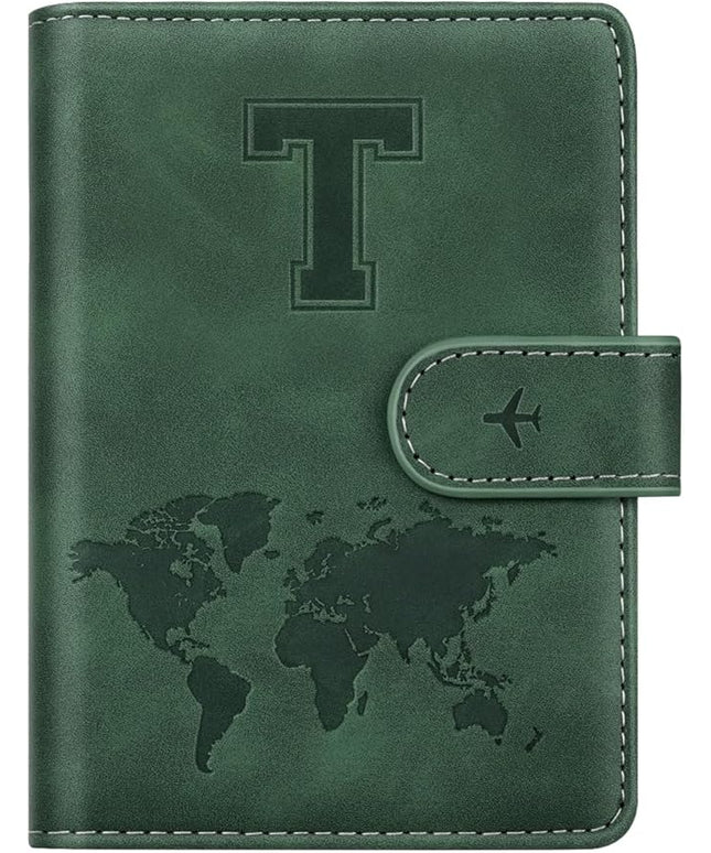 Personalized T Passport Holder Cover Initial Letter Travel Wallet RFID Blocking Passport Cover Credit Card Holder Case Passport Book Holders for Women and Men, Pine Green-T