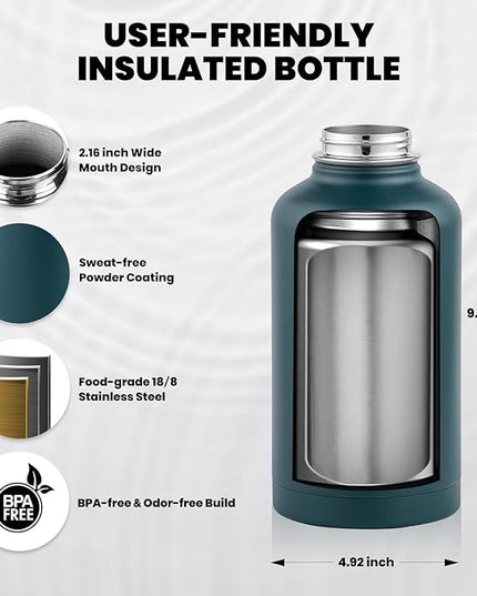 Insulated Water Bottle 64 oz, Triple Wall Vacuum Stainless Steel (Cold for 48 Hrs), Leak Proof & Non-BPA, Half Gallon Water Flask Jug with Paracord Handle & Straw Spout Lids, Dark Green