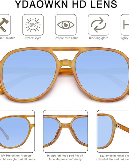YDAOWKN Retro Square Aviator Sunglasses for Womens Mens Vintage 70s Double Bridge Sun Glasses
