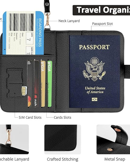 Passport Holder RFID Protected Wallet and Luggage Tag with Protection Cover Travel Accessories Leather Card Case Organizer for Women Men (Black)