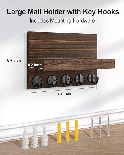 Lwenki Key Holder for Wall, Decorative Key and Mail Holder with Shelf Has Large Key Hooks for Bags, Coats – Paulownia Wood Key Hanger with Mounting Hardware (9.8”W x 6.7”H x 4.2”D) (Brown)