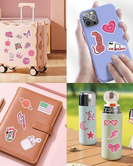 100 Pcs Preppy Stickers Vinyl Pink Aesthetic Waterproof Sticker Decor Party Supplies Suitable for Laptop Mobile Phone Computer Skateboard Water Bottle Suitcase Car