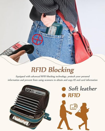 TFKGS Credit Card Holder for Women RFID Wallet Leather Womens Wallet with Zipper Blocking Keychain Card Accordion Wallets Gifts for Women Blue