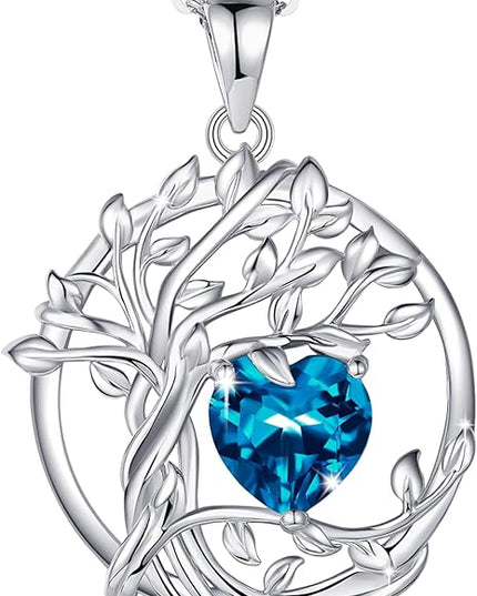 FANCIME Tree of life Birthstone necklace Sterling Silver Pendant Birthstone Necklace Gemstone Anniversary Birthday Jewelry Christmas Gifts for Mom Her Wife