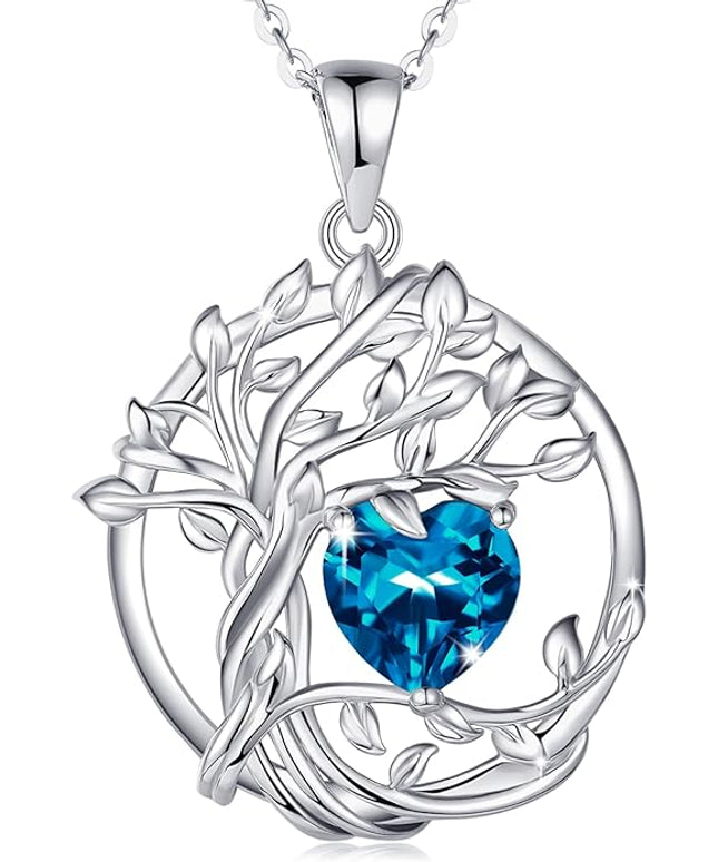 FANCIME Tree of life Birthstone necklace Sterling Silver Pendant Birthstone Necklace Gemstone Anniversary Birthday Jewelry Christmas Gifts for Mom Her Wife