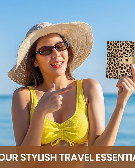 Passport Holder for Travel Essentials, RFID Blocking Leather Cover Wallet with Magnetic Closure, Aesthetic & Cute Passport Book Case for Women and Men - Leopard