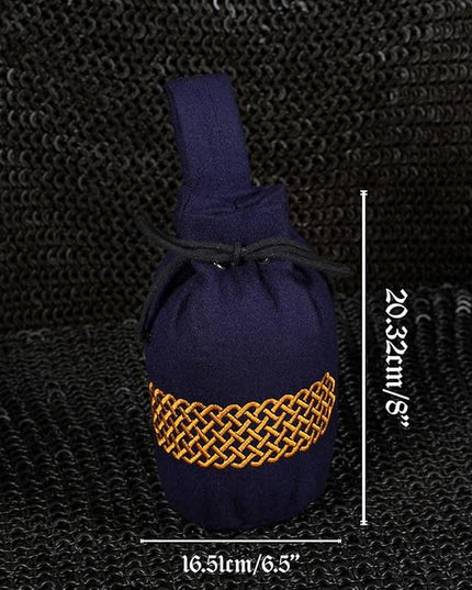 Mythrojan Drawstring Belt Pouch Renaissance Costume Accessories Medieval Woolen Celtic Embroidery Bag Jewelry Pouch Coin Purse for LARP, Festivals, Renfaire, Reenactments - Navy Blue, 8" x 6.5"