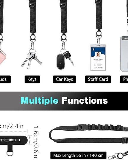 MoKo Universal Phone Lanyard, Nylon Adjustable Cell Phone Crossbody Strap Detachable Women & Men Cellphone Lanyards Around the Neck with Patches for iPhone, Most Smartphones, Black