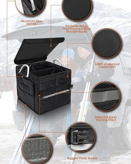 Trunk Organizer With Lid,Small,Black 28L,For SUV Car Truck,Collapsible Waterproof Oxford Fabric,Portable Multipurpose sorting,2-Compartments with Aluminium Alloy Handle