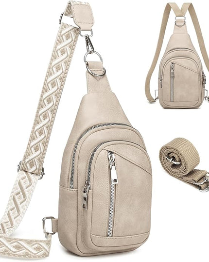 Sling Bag Crossbody Backpack - 2 in 1 Leather Cross Body Bag Fanny Pack with 2 Removable Straps