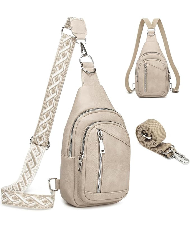 Sling Bag Crossbody Backpack - 2 in 1 Leather Cross Body Bag Fanny Pack with 2 Removable Straps
