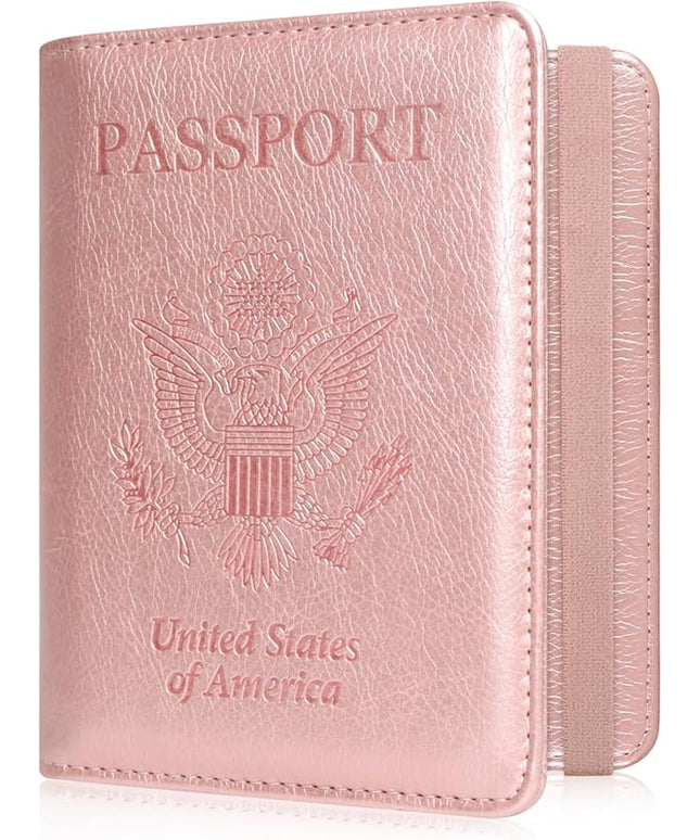 ACdream RFID BLOCKING Passport Holder Travel Wallet, Premium PU Leather Cover Passport Book with Card Holder, Pen Holder, Keep Organization, and Travel Essentials for Women and Men, Rose Gold