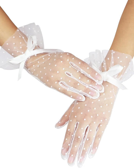 Women's Short Lace Gloves with Bow Ruffles Lace Tea Party Gloves for Wedding Costume Evening Dinner Party