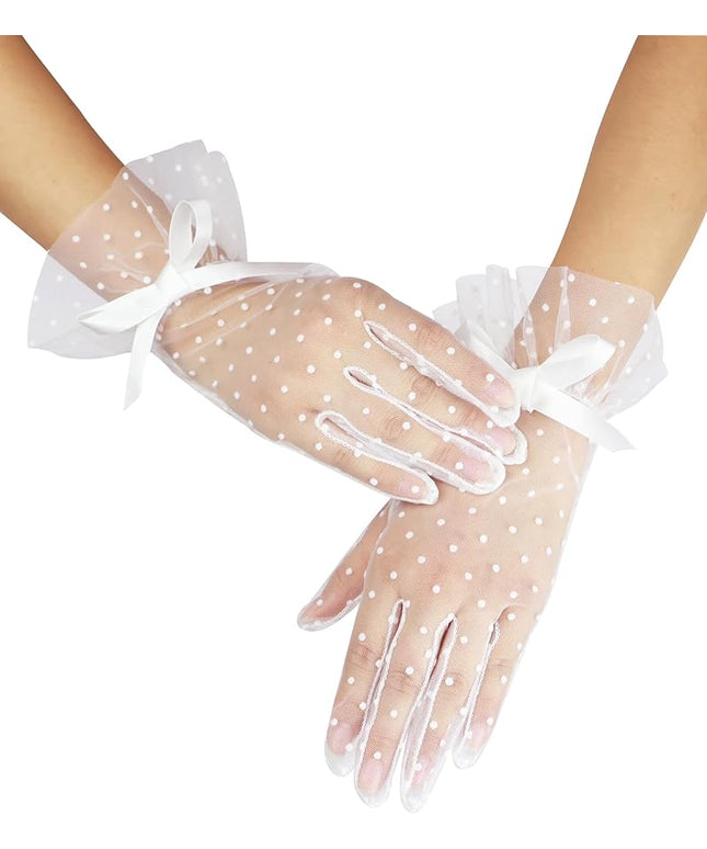 Women's Short Lace Gloves with Bow Ruffles Lace Tea Party Gloves for Wedding Costume Evening Dinner Party