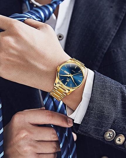 OLEVS Men's Luxury Watch Waterproof Luminous Easy Read Chronograph Watches Full Gold/White Dail/Black Face with Calendar Wristwatch