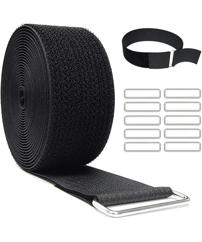 2"x16ft Reusable Cinch Strap with 10 Metal Buckles, Cut-to-Length Fastening Securing Straps, Adjustable Nylon Cable Straps and Cord Ties for Organizer or Storage, 2 inch Wide, Black