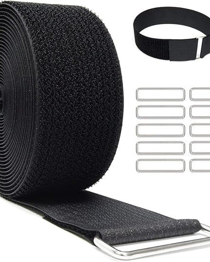 2" x32ft Reusable Cinch Strap with 20 Metal Buckles, Cut-to-Length Fastening Securing Straps, Adjustable Nylon Cable Straps and Cord Ties for Organizer or Storage, 2 inch Wide, Black