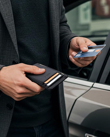 Buffway Slim Minimalist Front Pocket RFID Blocking Leather Wallets for Men and Women - Carbon Fiber Black