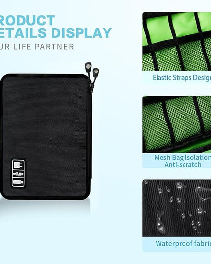 Electronics Travel Organizer,Portable Waterproof Electronic Travel Storage Bag for Small Charging Cord Storage,Charger,SD Card etc,for Travel,Business -Black Green