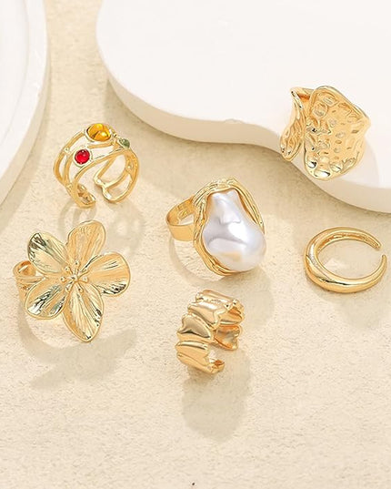 Chunky Gold Rings for Women Non Tarnish Statement Flower Ring Baroque Pearl Stackable Rings Set 6Pcs Chunky Jewelry