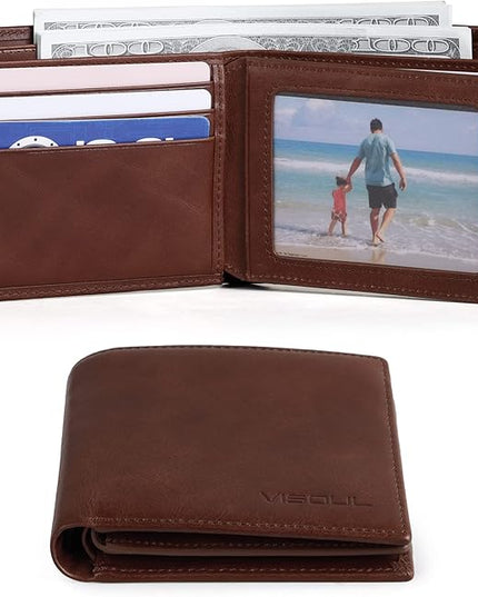 VISOUL Leather Wallets Bifold for Men with 2 ID Windwows, Men's Designer Card Holder Wallets with RFID Blocking (Brown)