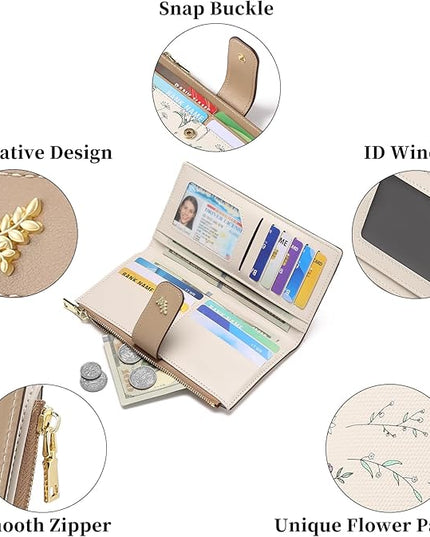 GAEKEAO Womens Wallet Slim Thin RFID Blocking Floral Vegan Leather Card Holder Bifold Long Ladies Wallet with Zipper Pocket