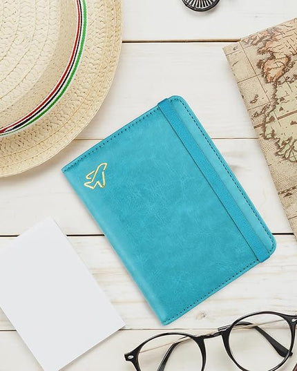 WALNEW Passport Holder for Travel, RFID Passport Cover Wallet for Women Men, PU Leather Passport Book Card Holder Case with Pen (Elastic Band Closure, C-Blue)