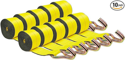 Mytee Products 10 Pack 2" x 27' Winch Straps w/Wire Hook - 3333lbs WLL - Yellow Heavy Duty 2 Inch Cargo Control Tie Down Straps for Flatbed Truck Utility Trailer