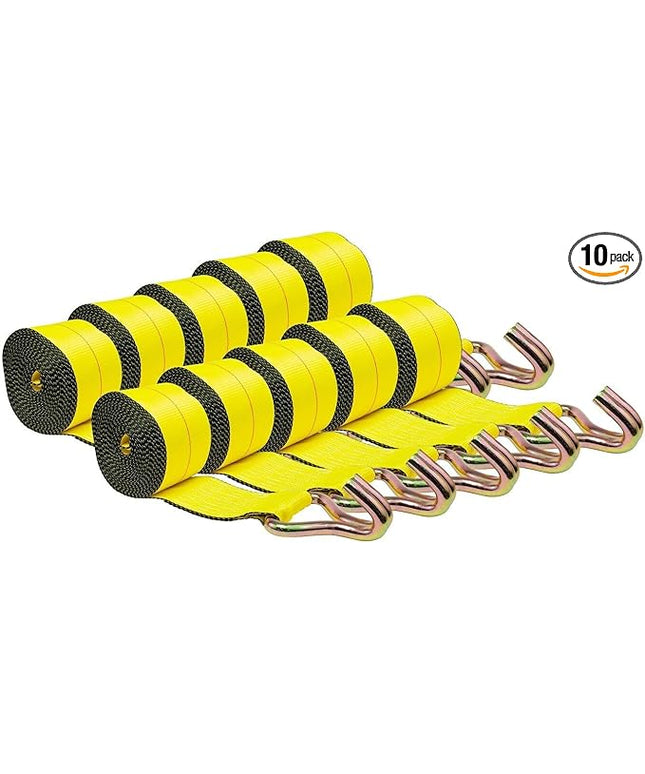 Mytee Products 10 Pack 2" x 27' Winch Straps w/Wire Hook - 3333lbs WLL - Yellow Heavy Duty 2 Inch Cargo Control Tie Down Straps for Flatbed Truck Utility Trailer