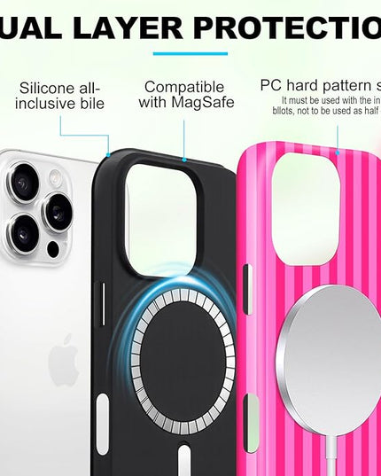 Magnetic for iPhone 11 Case Cute Stripes Phone Case, Shockproof Slim TPU and Hard PC Protective Phone Cover Compatible with MagSafe Designed for Women Girls, Deep Pink