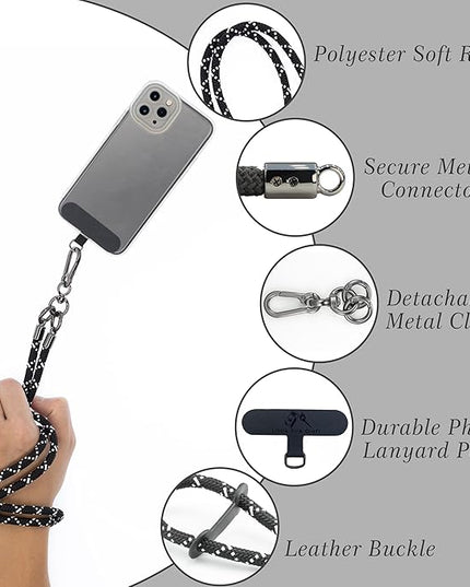 Phone Lanyard Universal Cell Phone Strap Crossbody Strap for iPhone Lanyard Around the Neck Extra Long Rope with Tether Tab for Men and Women (White on Black)