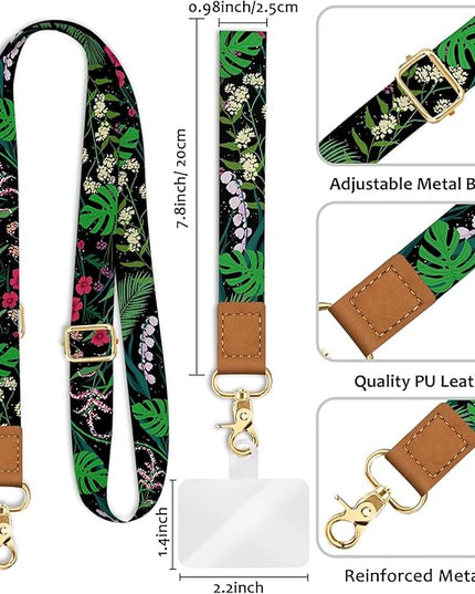 Phone Lanyard Crossbody Wrist Strap, Flower Cell Phone Lanyards for Around the Neck Wristlet Shoulder, Adjustable Floral Strap for Car Keys Keychain Wallet ID Badge Black