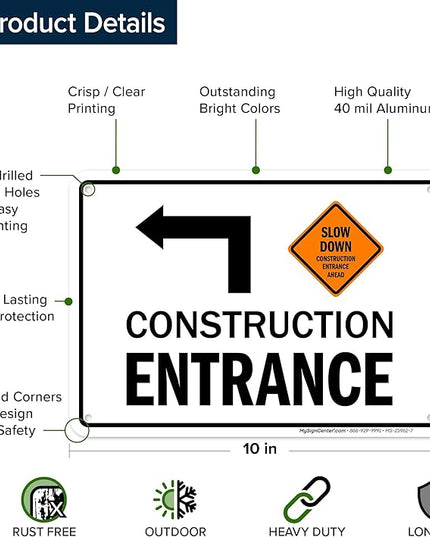 Slow Down Construction Entrance Ahead With Left Arrow Sign, 10x7 Inches, Rust Free .040 Aluminum, Fade Resistant, Made in USA by My Sign Center