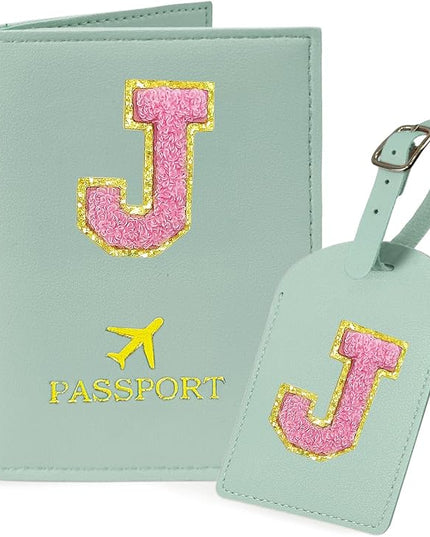 COSHAYSOO Initial Passport Cover Luggage Tag Set Letter Passport Holder Airplane Cruise Travel Essentials Vacation Traveling Accessories Personalized Gifts for Women Teen College Girls Teal J