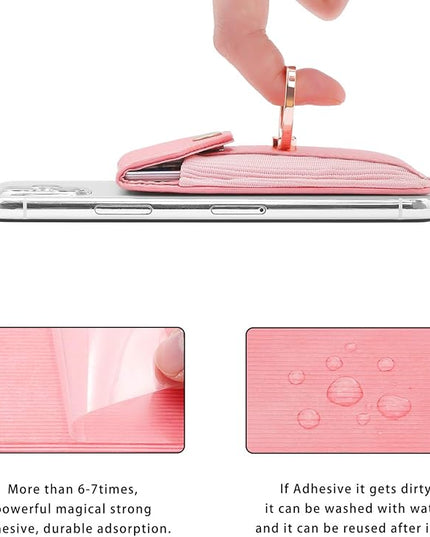 Cell Phone Card Holder,Card Holder for Back of Cell Phone with Ring Grip Stand,Adhesive Stick-on Credit Card Wallet Pocket with Detachable Neck Strap Pink