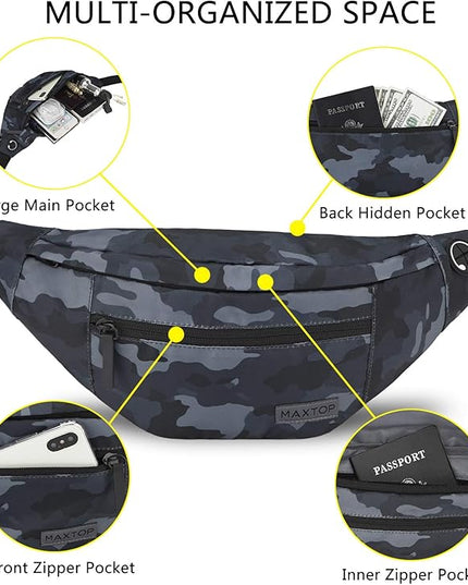 MAXTOP Large Crossbody Fanny Pack with 4-Zipper Pockets,Gifts for Enjoy Sports Festival Workout Traveling Running Casual Hands-Free Wallets Waist Pack Phone Bag Carrying All Phones
