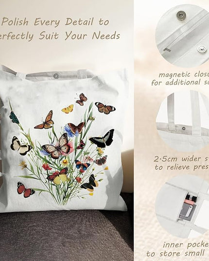 Aesthetic Canvas Tote Bag with Zipper Pockets & Snaps for Women,Reusable Shopping Grocery Bags Gifts -Work, Gym