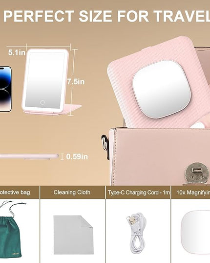 LED Foldable Travel Makeup Mirror - 5x6 inches3 Colors Light Modes USB Rechargeable Touch Screen, Portable Tabletop Cosmetic Mirror for Travel, Cosmetic, Office (Pink)