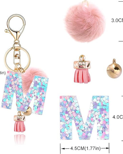 Resin Alphabet Initial Letter Keychain Keyring for Women Purse Handbags With Fur Ball Pom