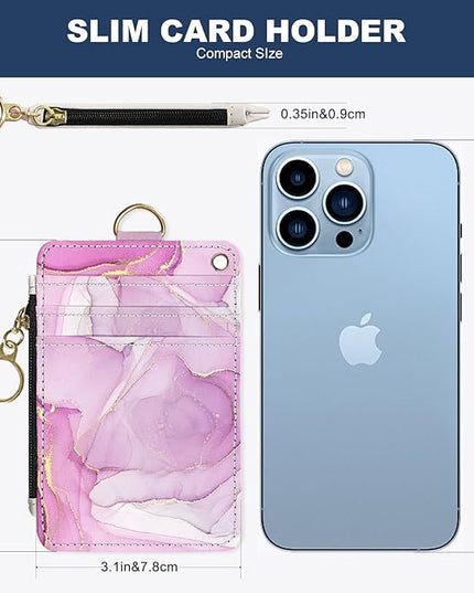 Slim Wallet Credit Card Holder, Pink Marble Pattern, RFID Wallet Women Cute Small Front Pocket Wallet With Zipper, PU Leather Thin travel RFID Blocking Card Case ID Window,Ladies Gifts