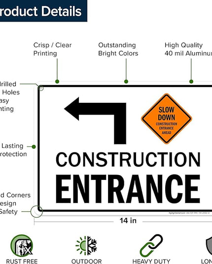 Slow Down Construction Entrance Ahead With Left Arrow Sign, 10x14 Inches, Rust Free .040 Aluminum, Fade Resistant, Made in USA by My Sign Center