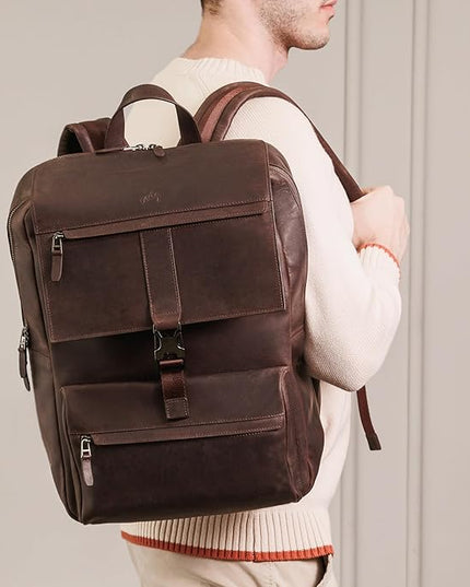 Leather Backpack for Men & Women, Classic Dark Brown - Handcrafted Top Grain Leather vintage backpack with 17-Inch Laptop Sleeve - Lightweight, Stylish & Durable for Business, Travel & Everyday Use