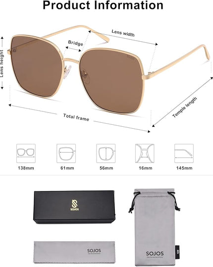 SOJOS Trendy Oversized Square Metal Frame Sunglasses for Women Men Retro Big Flat Lens UV Protection Sunglasses SJ1146