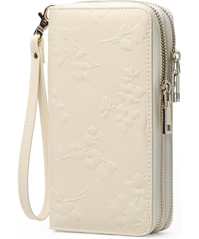 yiijay Womens Wallet RFID Blocking Large Capacity Leather Double Zip Wristlet Wallet Credit Card Phone Holder Ladies Clutch Purse Flora