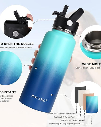 Water Bottle Insulated 32oz 40oz 64oz 128oz Straw Lid Spout Lid & 3 Lids, Leak Proof, Vacuum Insulated,Stainless Steel Water Bottle Wide Mouth for Sports, Gym or Office