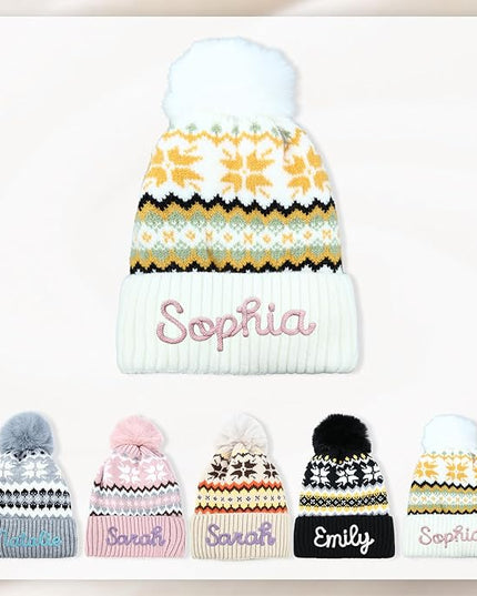 Personalized Beanie for Women Custom Knit with Name, Winter Hat with Pom Pom, Soft Lined Warm Hat, Birthday Gift